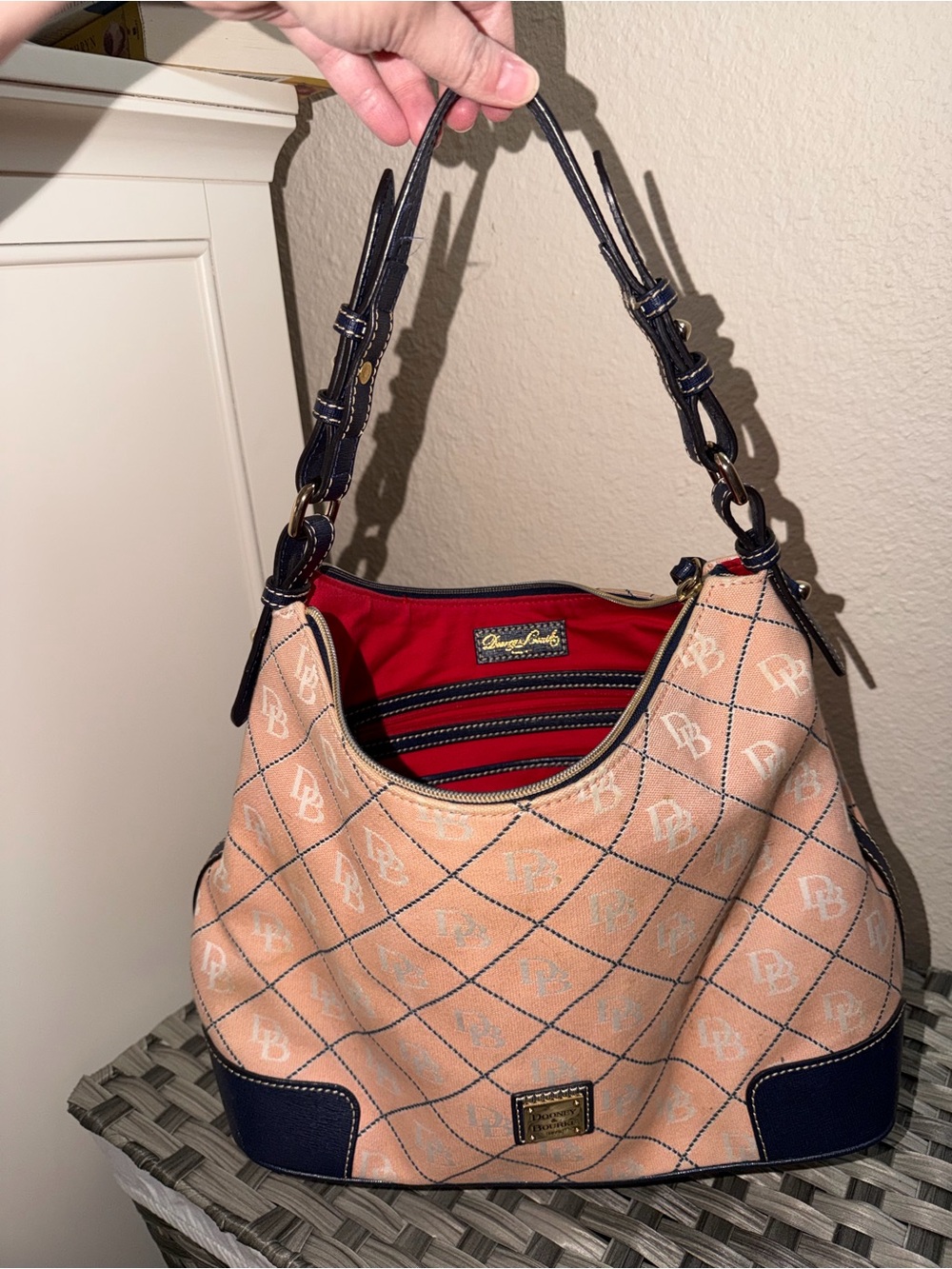 Dooney & Bourke Peach and Navy Monogram Shoulder Bag